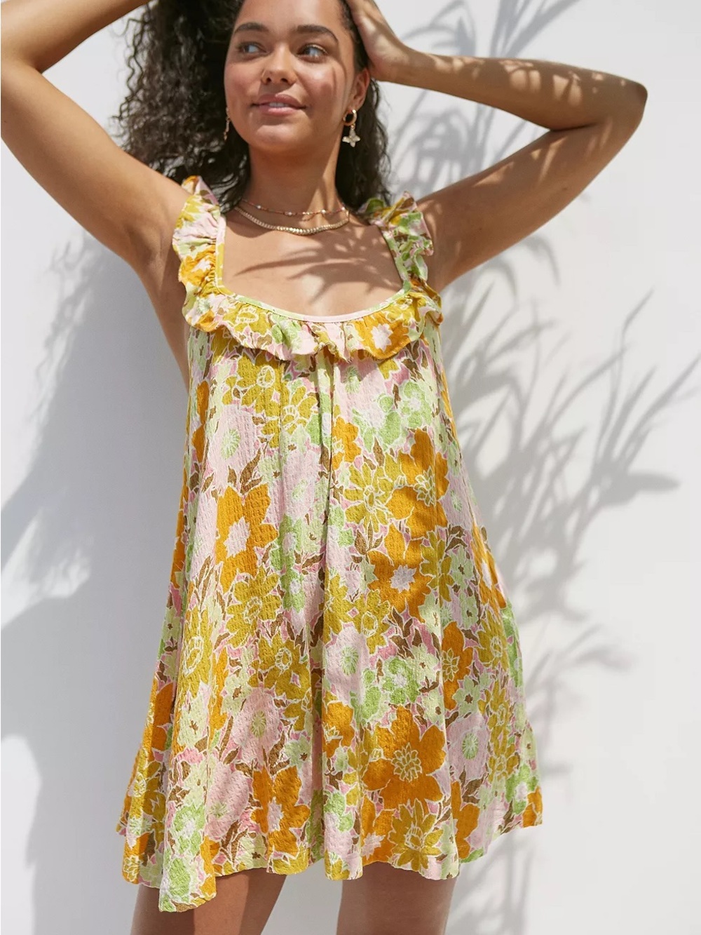Urban Outfitters Floral Ruffle-Trim Chemise in Pink, Yellow & Green